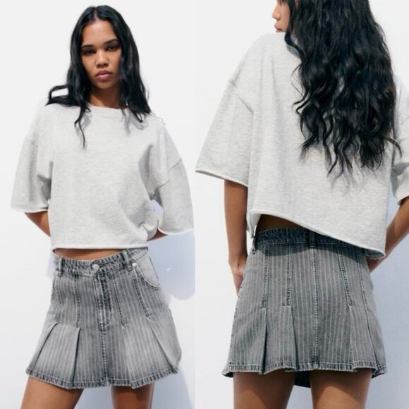 Zara Denim Box Pleat Skirt In Light Gray Size Small - Picture 1 of 6